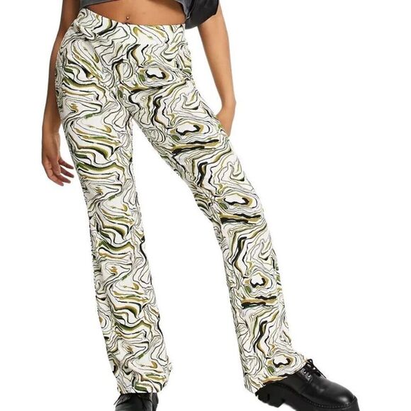 Only exclusive 70s flared retro green marble print pants size XS ￼ - Picture 1 of 7